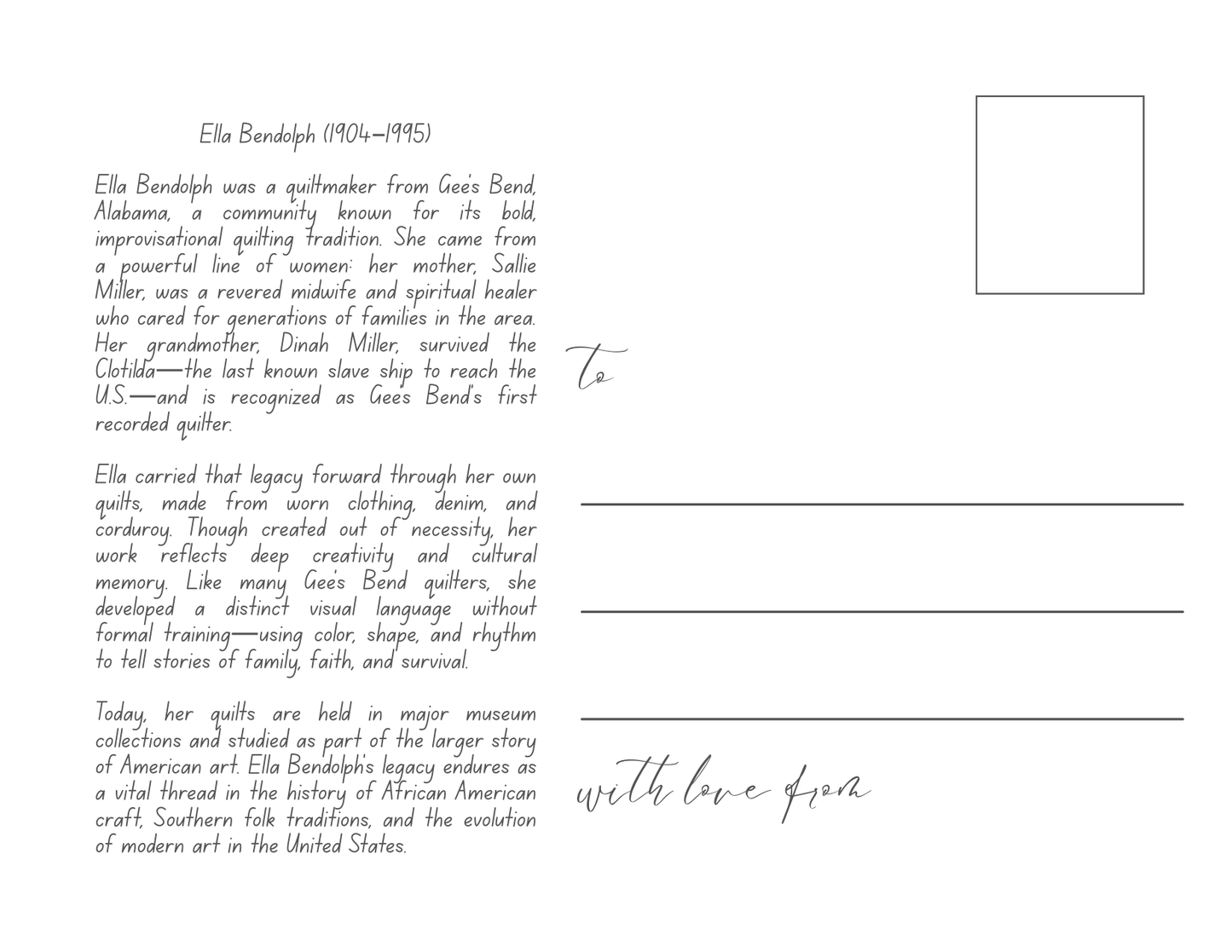 Ella Bendolph - Gee’s Bend Postcards — Airing of the Quilts Festival 2025