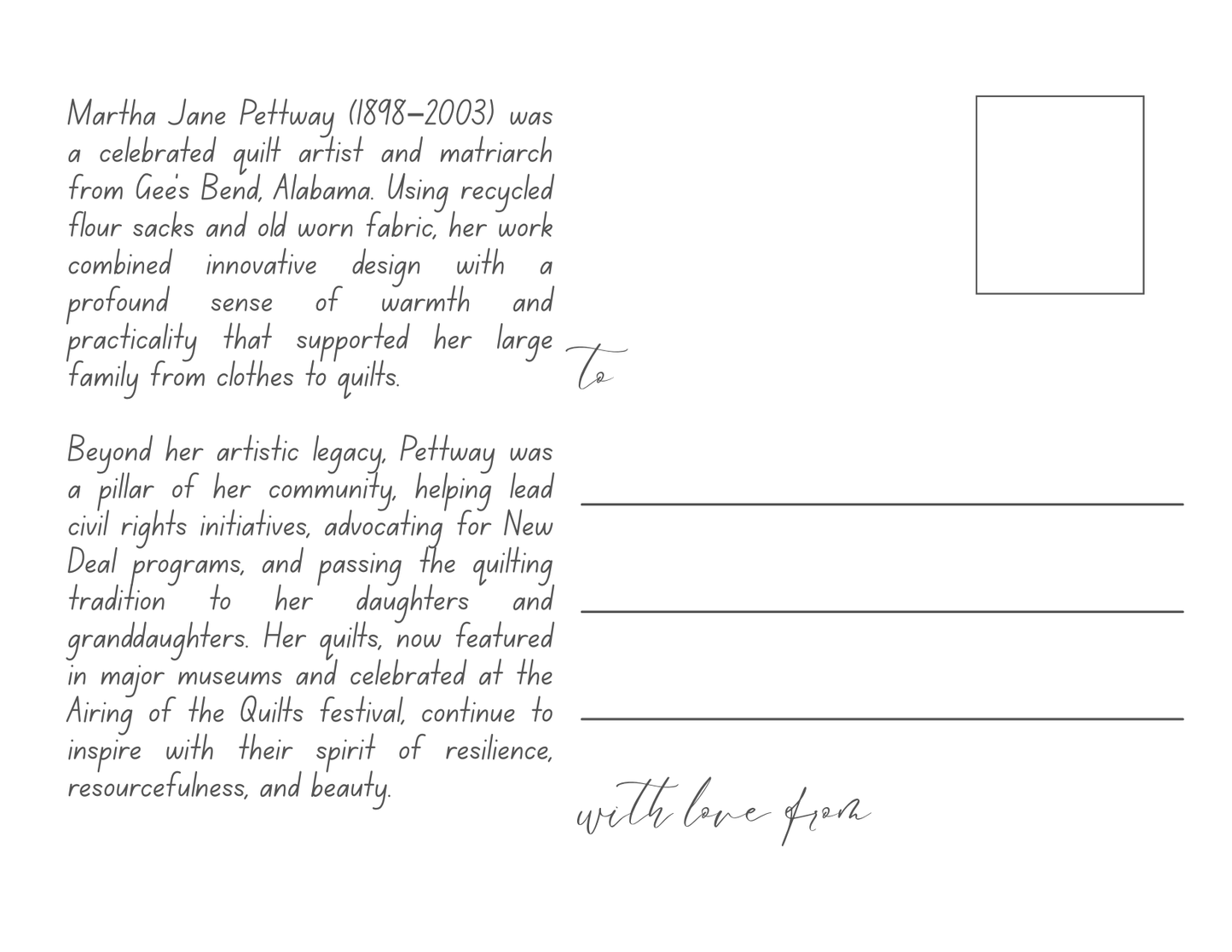 Legacy in Every Stitch: Martha Jane Pettway Tribute Postcard