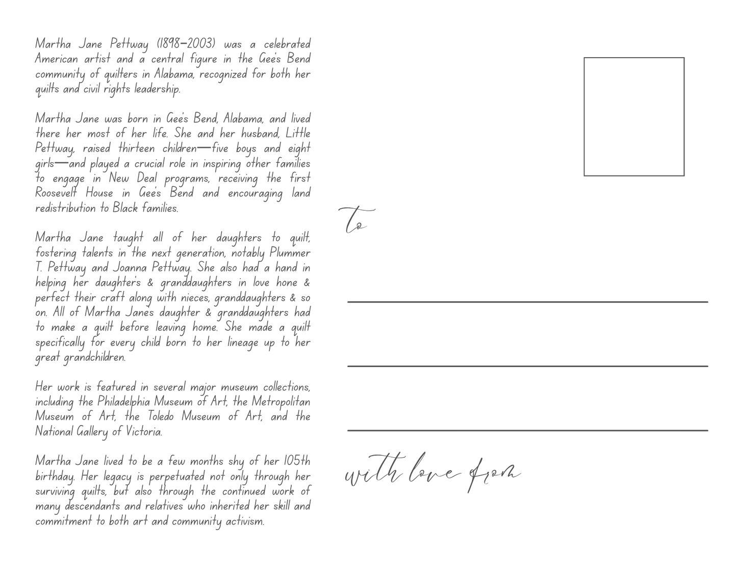 Martha Jane Pettway Tribute Postcard  